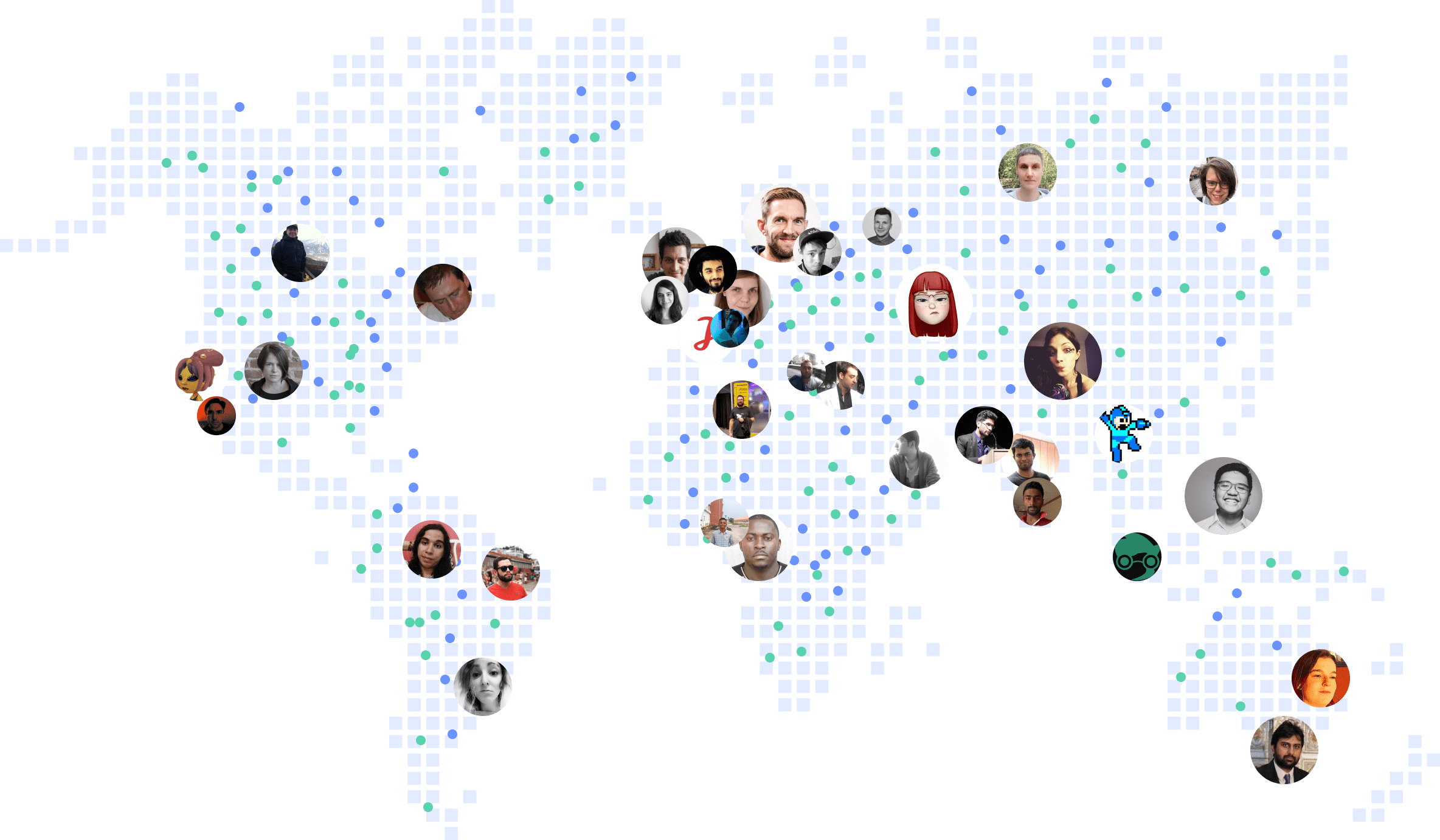 A world map containing avatars of Exercism contributors